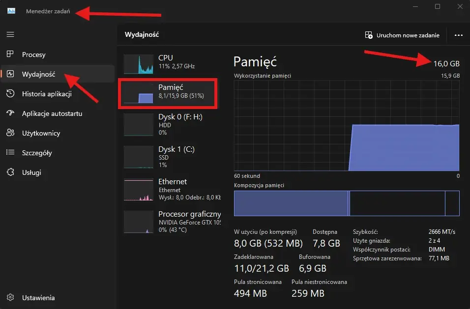 Zrzut ekranu pokazujący jak sprawdzić ilość RAM w systemie Windows - Menedżer Zadań