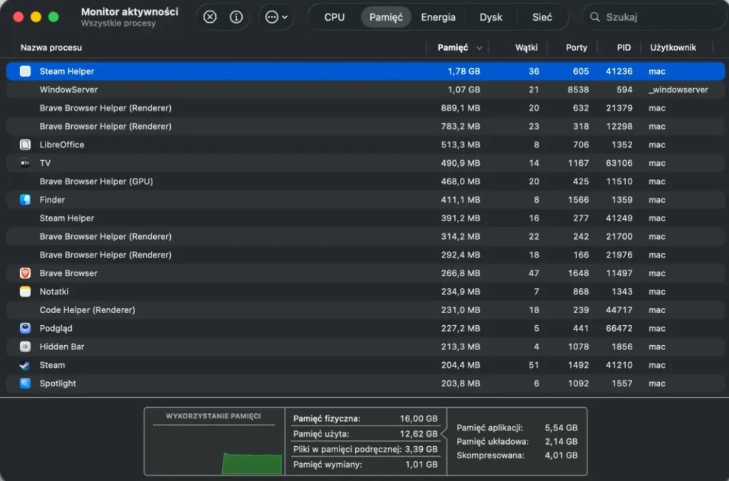 Zrzut ekranu pokazujący jak sprawdzić ilość RAM w systemie macOS - Monitor Aktywności
